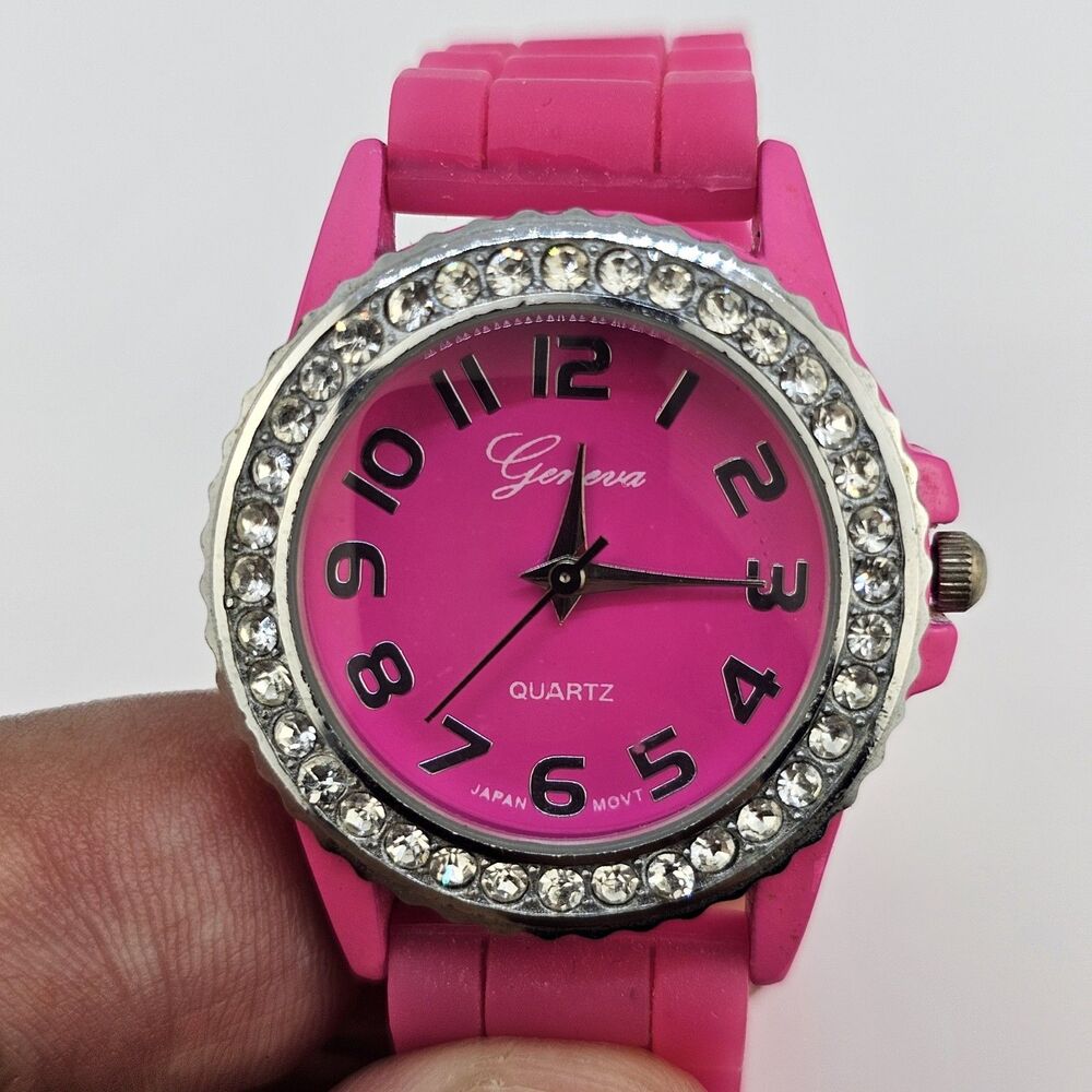 30MM Watch Women Crystal Accent Hot Pink Dial Hot Pink Plastic Bands New Battery